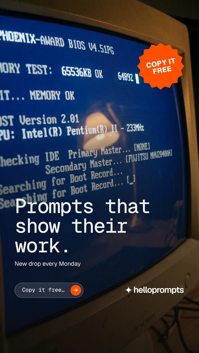 Instagram story for HelloPrompts: "Prompts that show their work." Agentic glass style, sticker layout, dark palette in black, blue, grey.