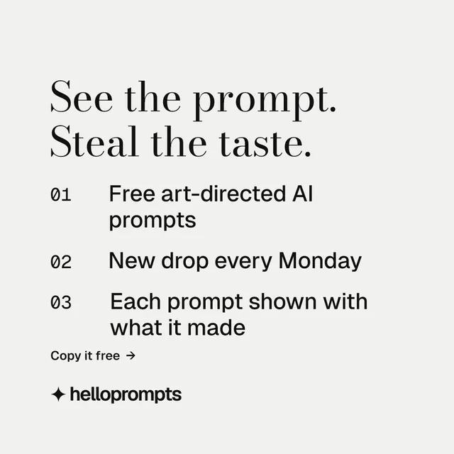 Instagram post for HelloPrompts: "See the prompt. Steal the taste." Minimal luxury style, numbered layout, light palette in white, grey.
