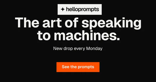 Social ad for HelloPrompts: "The art of speaking to machines." Brutalist style, centred layout, dark palette in black, grey.