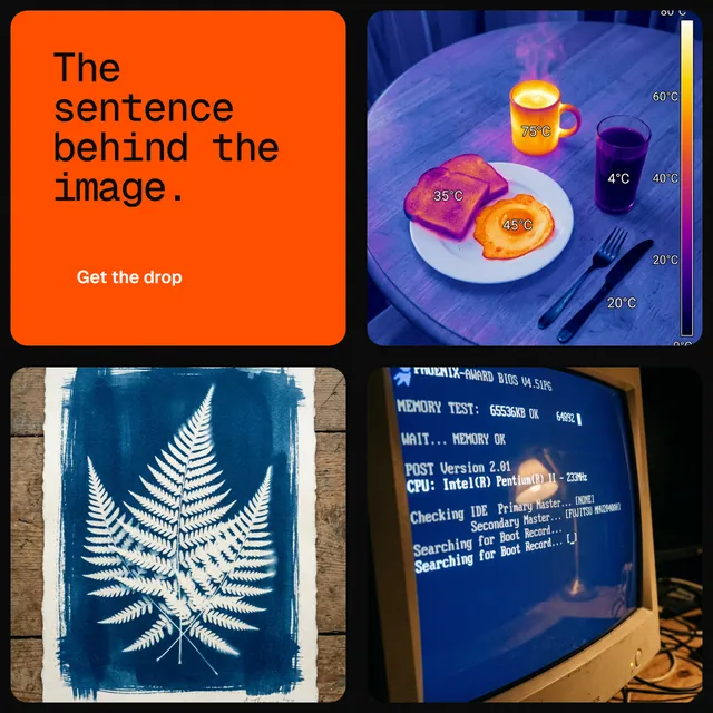 Instagram post for HelloPrompts: "The sentence behind the image." Y2K style, collage layout, dark palette in blue, red, grey.