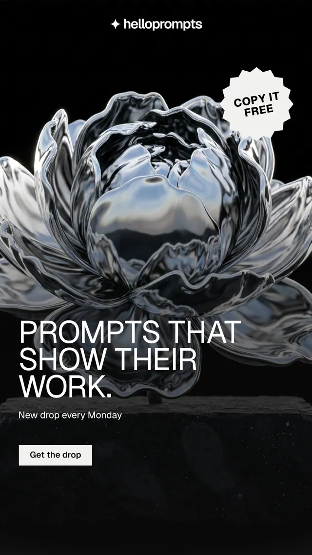 Instagram story for HelloPrompts: "Prompts that show their work." Brutalist style, sticker layout, dark palette in black, grey.