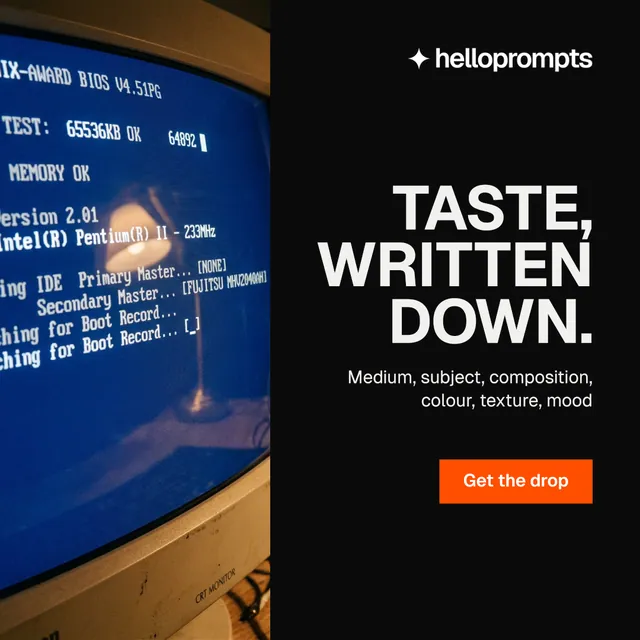 Instagram post for HelloPrompts: "Taste, written down." Swiss style, right layout, dark palette in black, blue, grey.