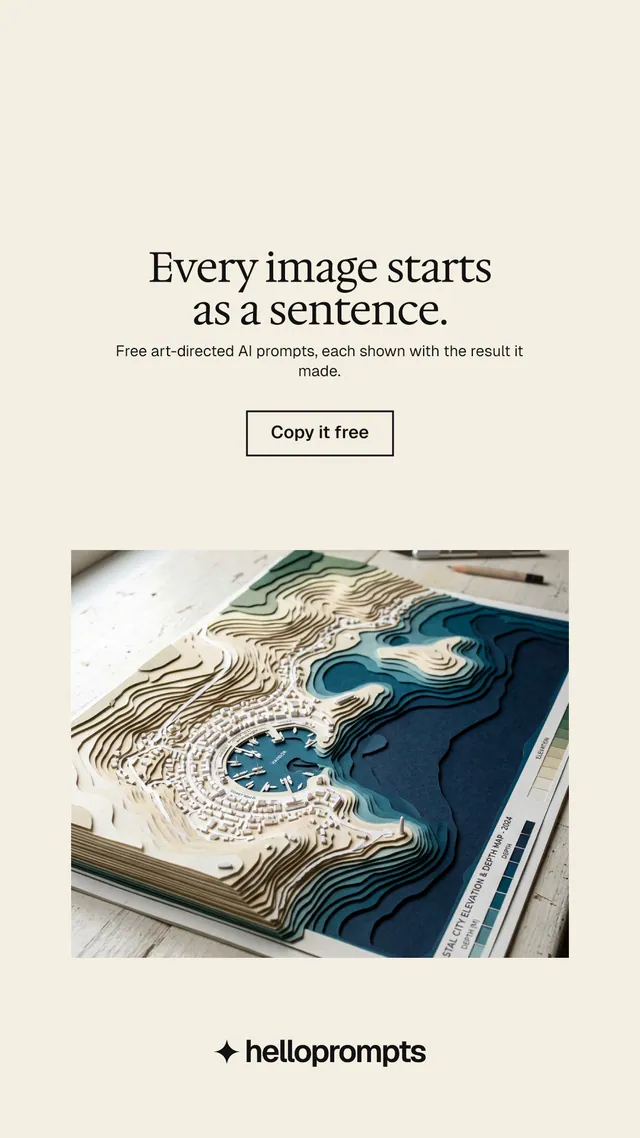 Instagram story for HelloPrompts: "Every image starts as a sentence." Editorial style, centred layout, light palette in white, grey, yellow.
