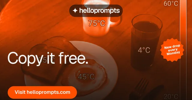 Social ad for HelloPrompts: "Copy it free." Y2K style, sticker layout, dark palette in orange.