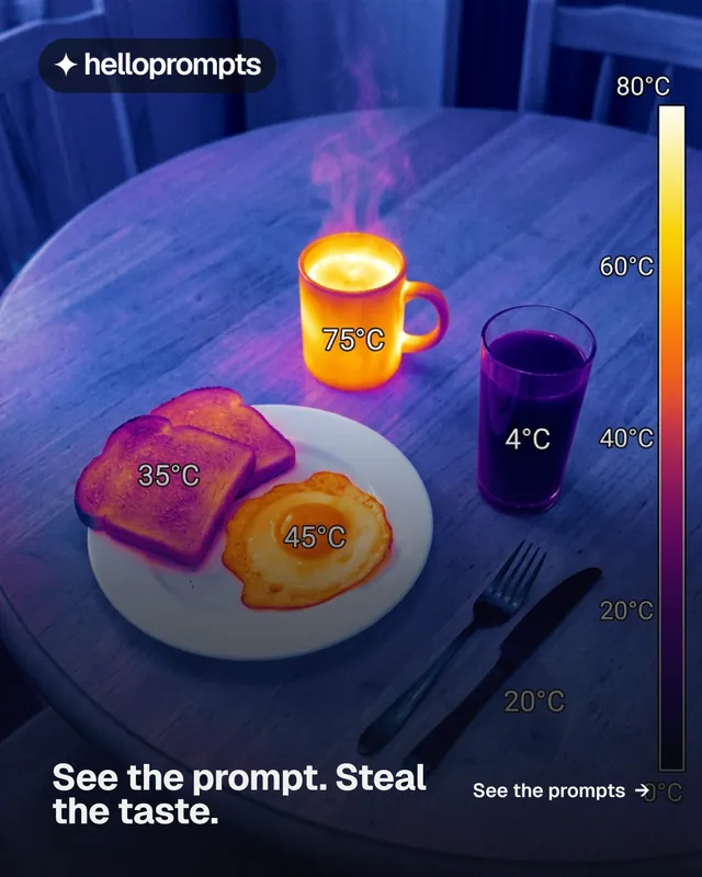 Instagram portrait post for HelloPrompts: "See the prompt. Steal the taste." Swiss style, image led layout, dark palette in blue, grey, purple.