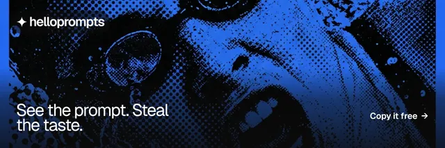 X header for HelloPrompts: "See the prompt. Steal the taste." Brutalist style, image led layout, dark palette in black, blue.