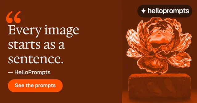 Social ad for HelloPrompts: "The sentence behind the image." Y2K style, quote layout, dark palette in orange, brown.