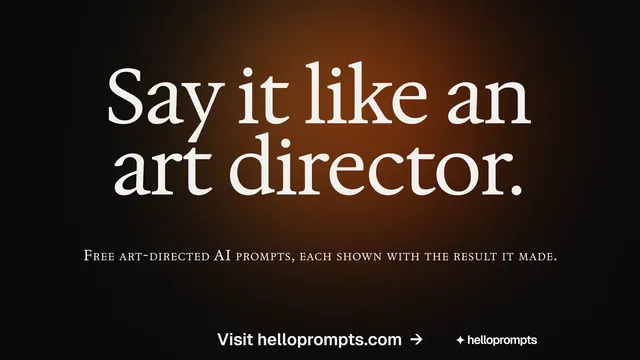 Landscape graphic for HelloPrompts: "Say it like an art director." Y2K style, smallcaps layout, dark palette in black, orange, grey.