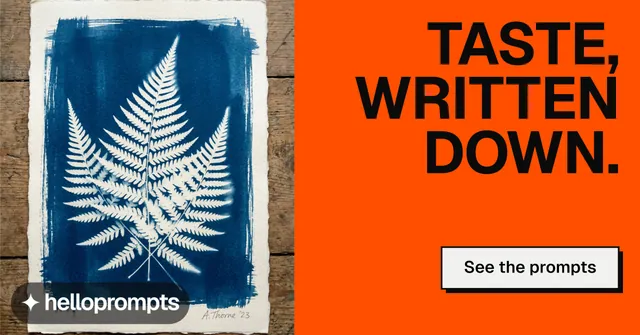 Social ad for HelloPrompts: "Taste, written down." Brutalist style, right layout, light palette in orange, grey, red.