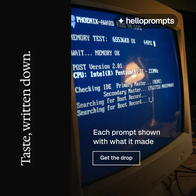 Instagram post for HelloPrompts: "Taste, written down." Editorial style, vertical layout, dark palette in black, blue, grey.