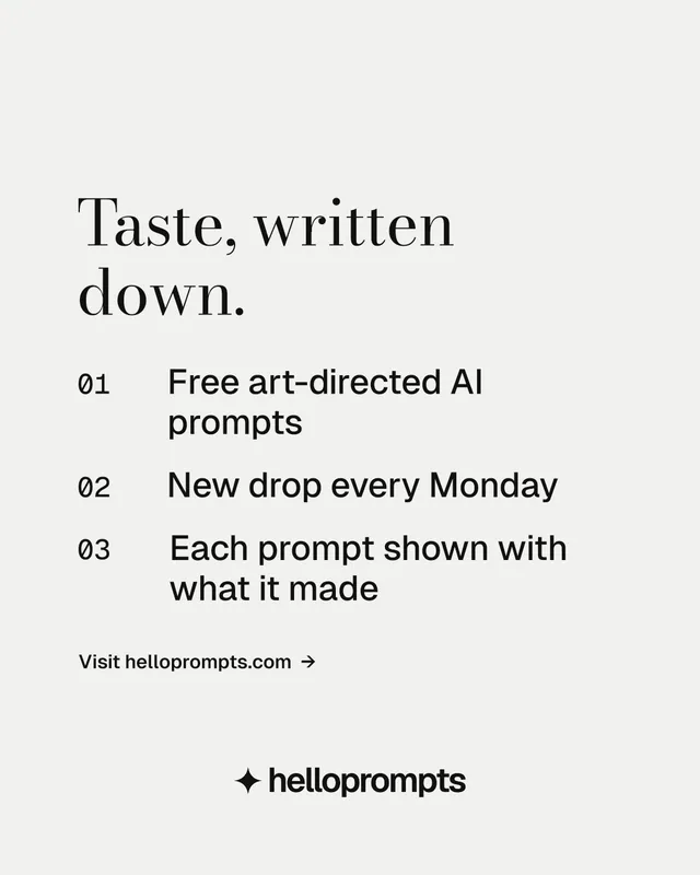 Instagram portrait post for HelloPrompts: "Taste, written down." Minimal luxury style, numbered layout, light palette in white, grey.