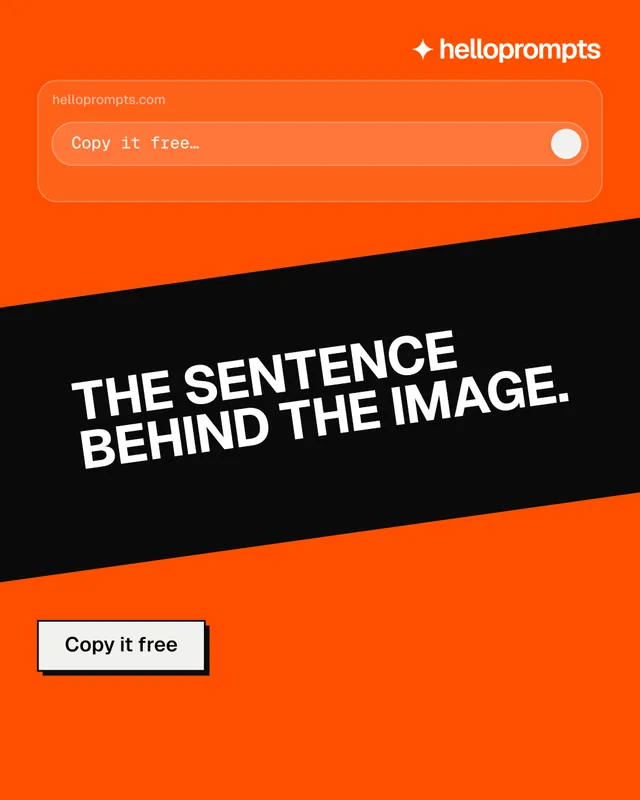 Instagram portrait post for HelloPrompts: "The sentence behind the image." Brutalist style, diagonal layout, dark palette in orange.