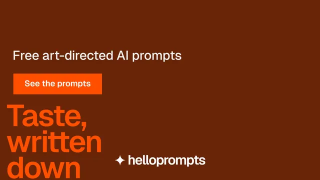 Landscape graphic for HelloPrompts: "Taste, written down." Swiss style, oversized layout, dark palette in orange.