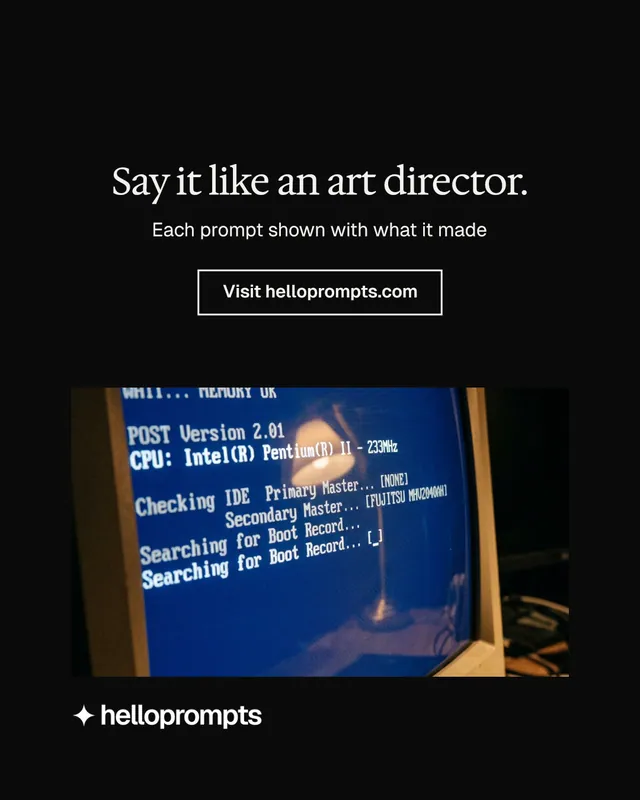 Instagram portrait post for HelloPrompts: "Say it like an art director." Editorial style, centred layout, dark palette in black, blue.