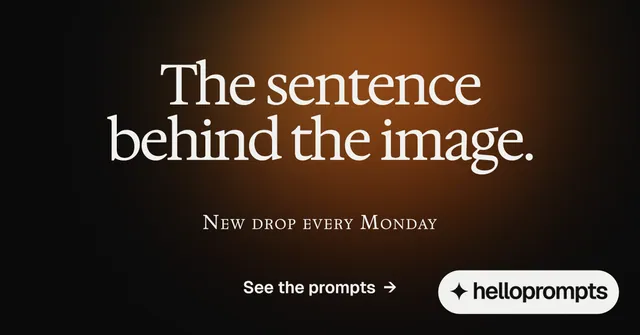 Social ad for HelloPrompts: "The sentence behind the image." Y2K style, smallcaps layout, dark palette in black, orange, grey.