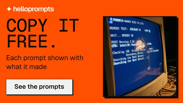 Landscape graphic for HelloPrompts: "Copy it free." Brutalist style, skeleton layout, dark palette in orange, blue.