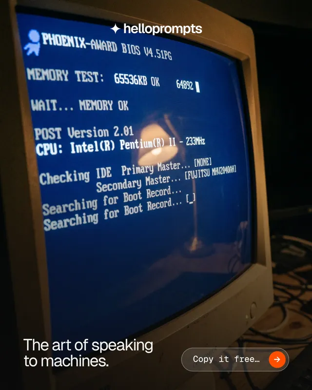 Instagram portrait post for HelloPrompts: "The art of speaking to machines." Agentic glass style, image led layout, dark palette in black, blue, grey.