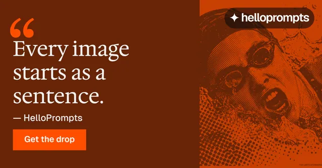 Social ad for HelloPrompts: "The sentence behind the image." Swiss style, quote layout, dark palette in orange.