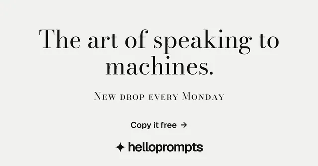 Social ad for HelloPrompts: "The art of speaking to machines." Minimal luxury style, smallcaps layout, light palette in white, grey.