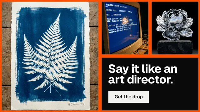 Landscape graphic for HelloPrompts: "Say it like an art director." Split block style, collage layout, dark palette in black, grey, blue.