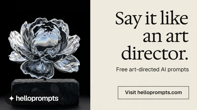 Landscape graphic for HelloPrompts: "Say it like an art director." Editorial style, right layout, light palette in orange, black, grey.