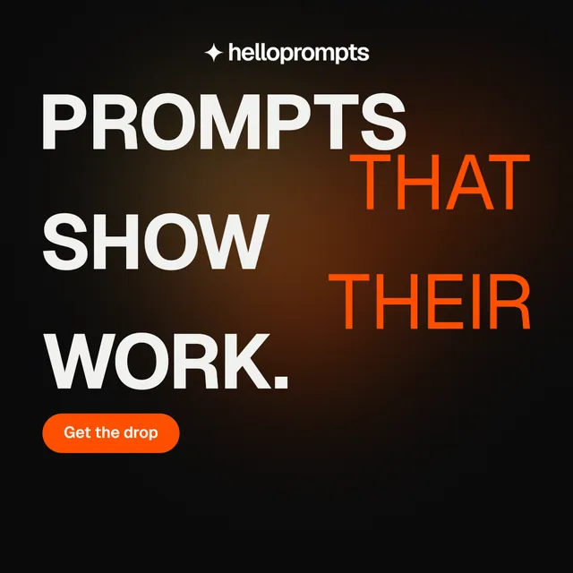 Instagram post for HelloPrompts: "Prompts that show their work." Y2K style, stacked layout, dark palette in black, orange, grey.