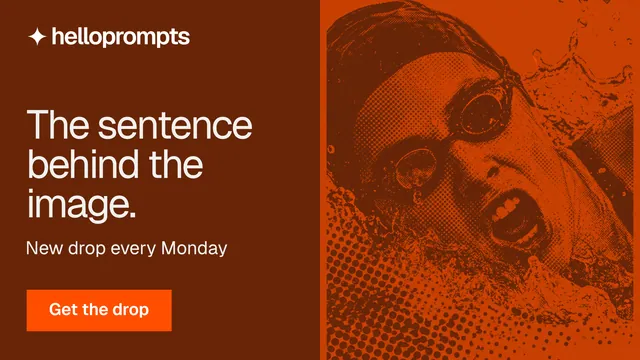 Landscape graphic for HelloPrompts: "The sentence behind the image." Swiss style, bottom layout, dark palette in orange.