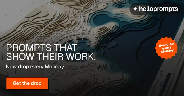 Social ad for HelloPrompts: "Prompts that show their work." Brutalist style, sticker layout, dark palette in black, grey, orange.