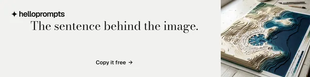 LinkedIn banner for HelloPrompts: "The sentence behind the image." Minimal luxury style, skeleton layout, light palette in white, grey.