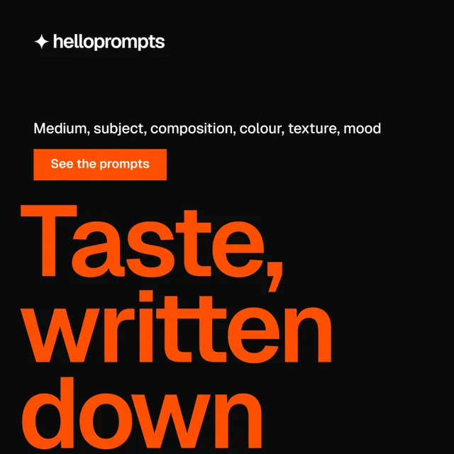 Instagram post for HelloPrompts: "The sentence behind the image." Swiss style, oversized layout, dark palette in black, orange.