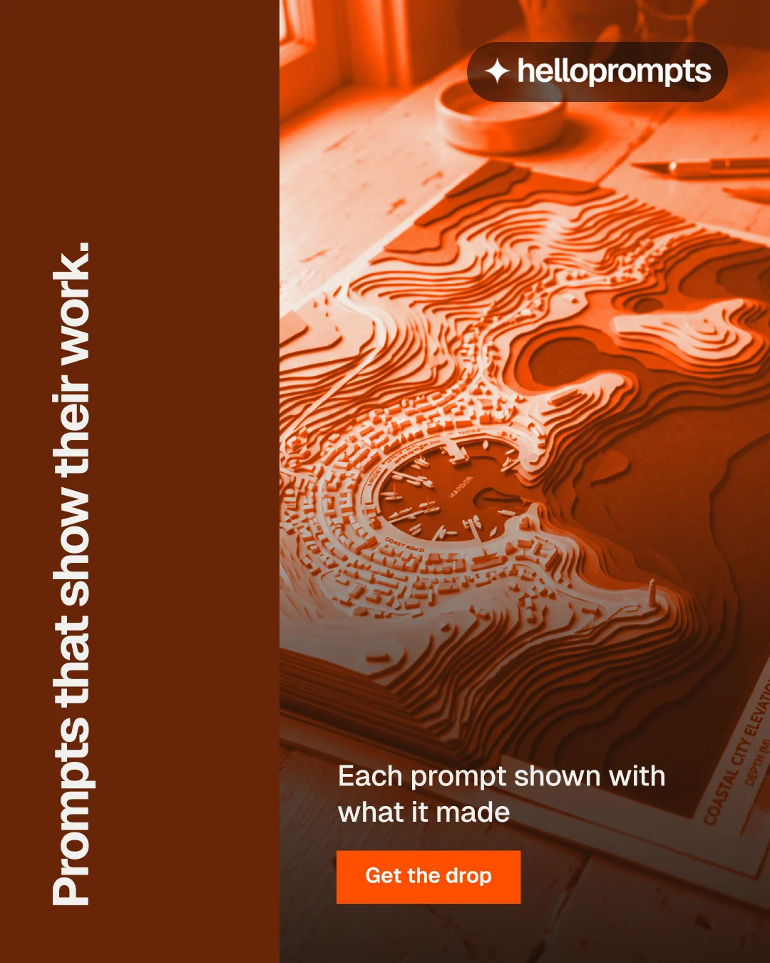 Instagram portrait post for HelloPrompts: "Prompts that show their work." Swiss style, vertical layout, dark palette in orange.
