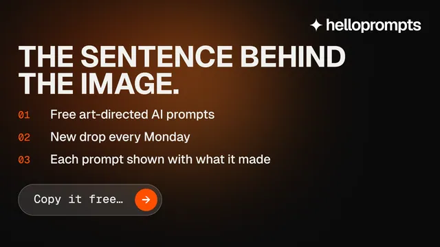 Landscape graphic for HelloPrompts: "The sentence behind the image." Agentic glass style, numbered layout, dark palette in black, orange, grey.