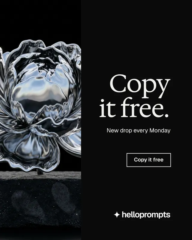 Instagram portrait post for HelloPrompts: "Copy it free." Editorial style, right layout, dark palette in black, grey.
