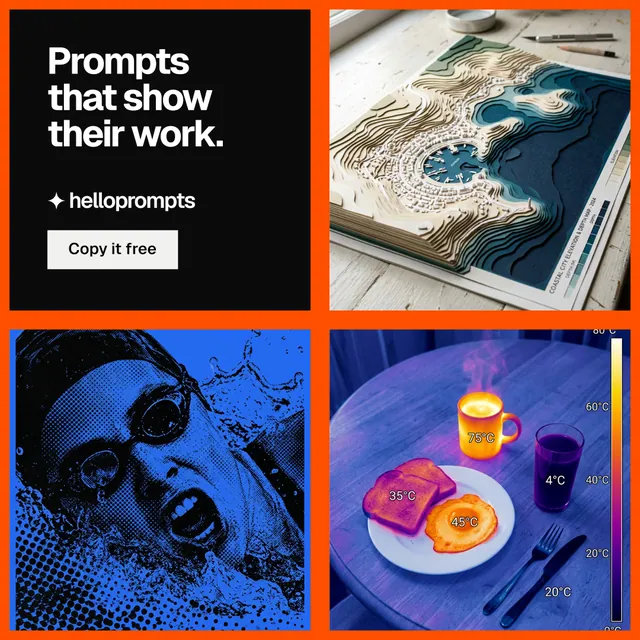 Instagram post for HelloPrompts: "Prompts that show their work." Split block style, collage layout, dark palette in grey, black, pink.