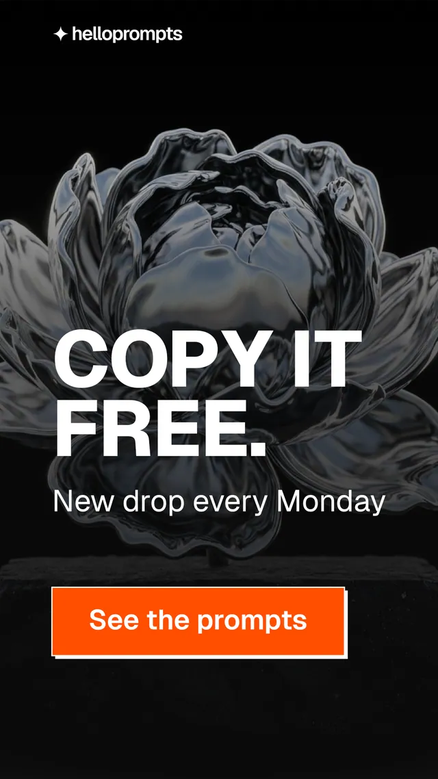 Instagram story for HelloPrompts: "Copy it free." Brutalist style, skeleton layout, dark palette in black, orange, grey.
