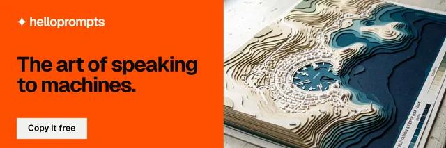 X header for HelloPrompts: "The art of speaking to machines." Swiss style, bottom layout, light palette in orange, grey.