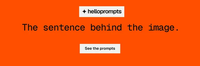 X header for HelloPrompts: "The sentence behind the image." Swiss style, centred layout, light palette in orange.