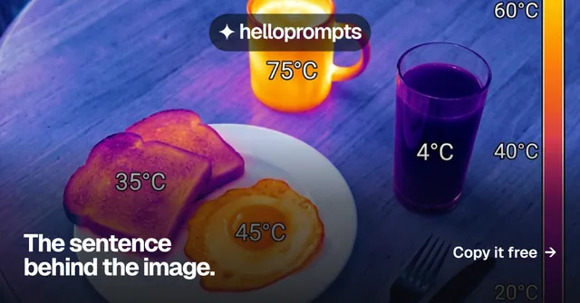 Social ad for HelloPrompts: "The sentence behind the image." Swiss style, image led layout, dark palette in blue, pink, orange.