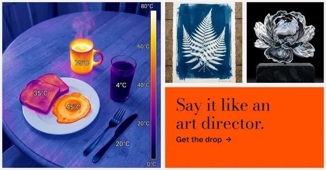 Social ad for HelloPrompts: "Say it like an art director." Minimal luxury style, collage layout, dark palette in grey, red, blue.