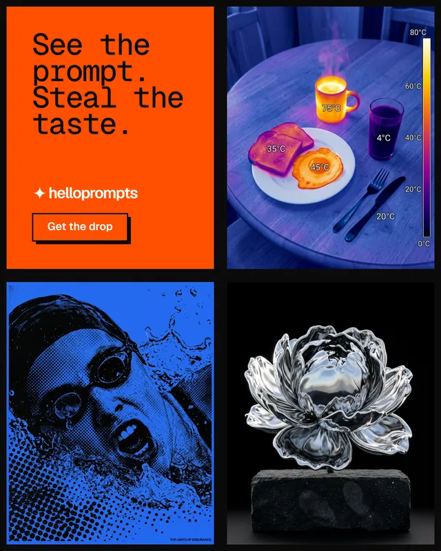Instagram portrait post for HelloPrompts: "See the prompt. Steal the taste." Brutalist style, collage layout, dark palette in black, blue, red.