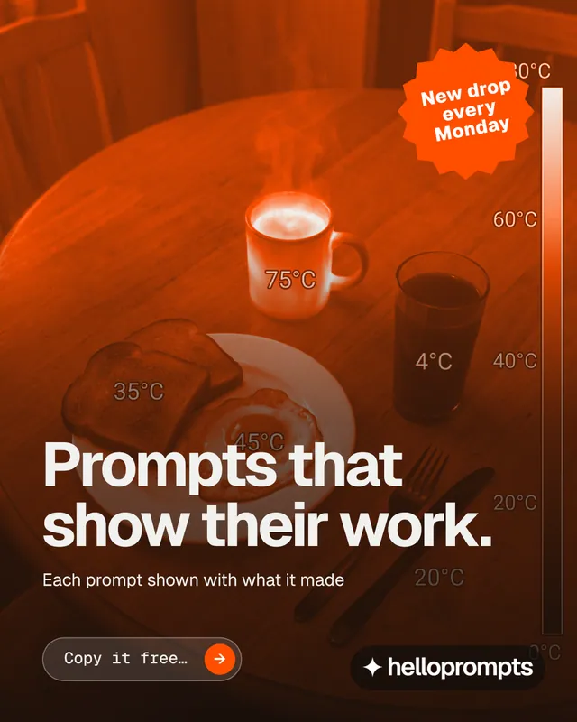 Instagram portrait post for HelloPrompts: "Prompts that show their work." Agentic glass style, sticker layout, dark palette in black, orange.