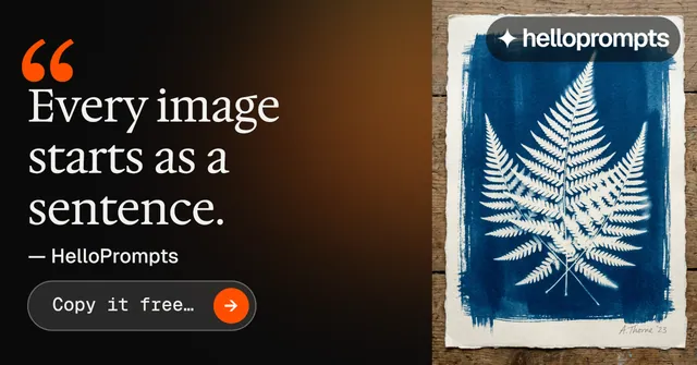 Social ad for HelloPrompts: "Copy it free." Agentic glass style, quote layout, dark palette in black, grey, orange.