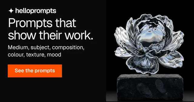 Social ad for HelloPrompts: "Prompts that show their work." Swiss style, skeleton layout, dark palette in black, grey, orange.