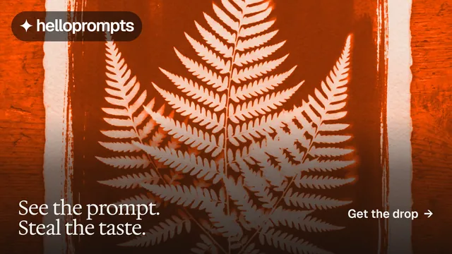 Landscape graphic for HelloPrompts: "See the prompt. Steal the taste." Editorial style, image led layout, dark palette in orange, brown.