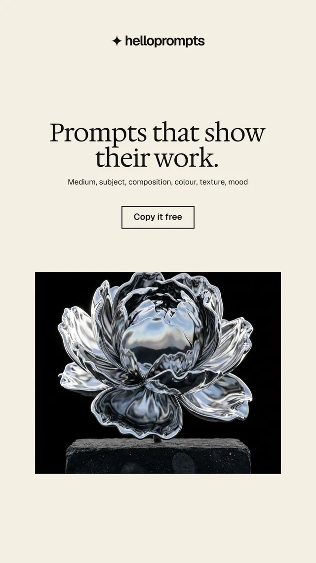 Instagram story for HelloPrompts: "Prompts that show their work." Editorial style, centred layout, light palette in white, black, grey.