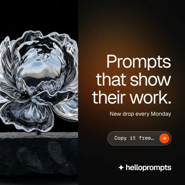 Instagram post for HelloPrompts: "Prompts that show their work." Agentic glass style, right layout, dark palette in black, orange, grey.