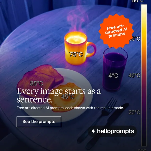 Instagram post for HelloPrompts: "Every image starts as a sentence." Editorial style, sticker layout, dark palette in blue, purple, grey.