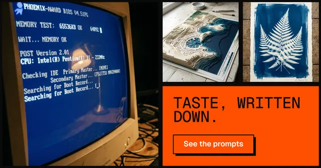 Social ad for HelloPrompts: "Taste, written down." Brutalist style, collage layout, dark palette in blue, orange, grey.