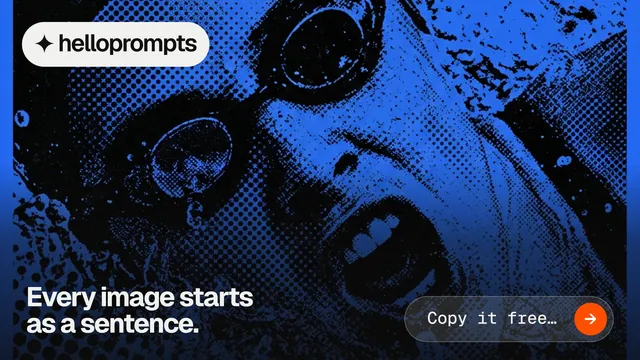 Landscape graphic for HelloPrompts: "Every image starts as a sentence." Agentic glass style, image led layout, dark palette in blue, black.