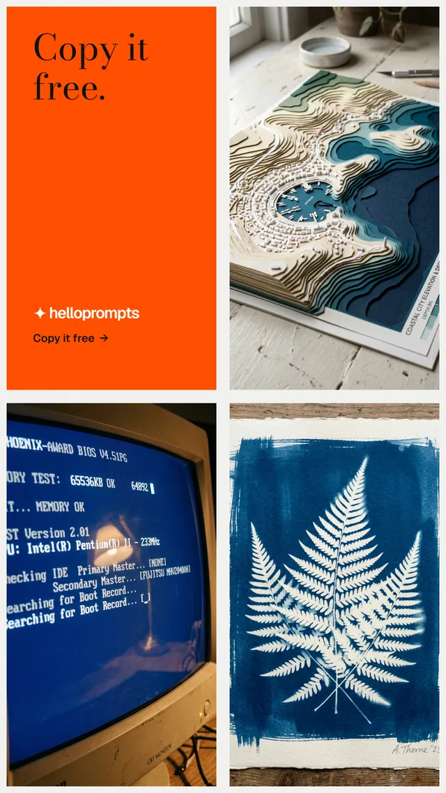 Instagram story for HelloPrompts: "Copy it free." Minimal luxury style, collage layout, light palette in blue, orange, grey.